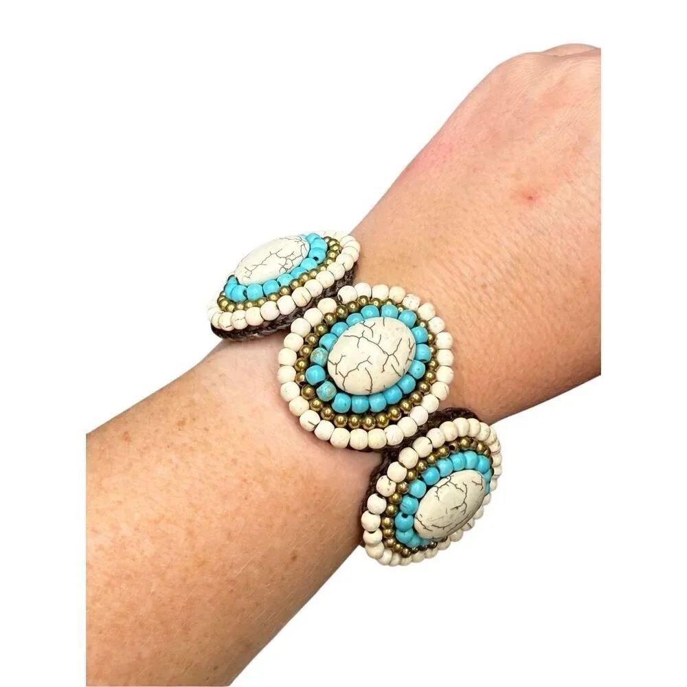 Anthropologie cream, turquoise, and brown beaded wrap bracelet